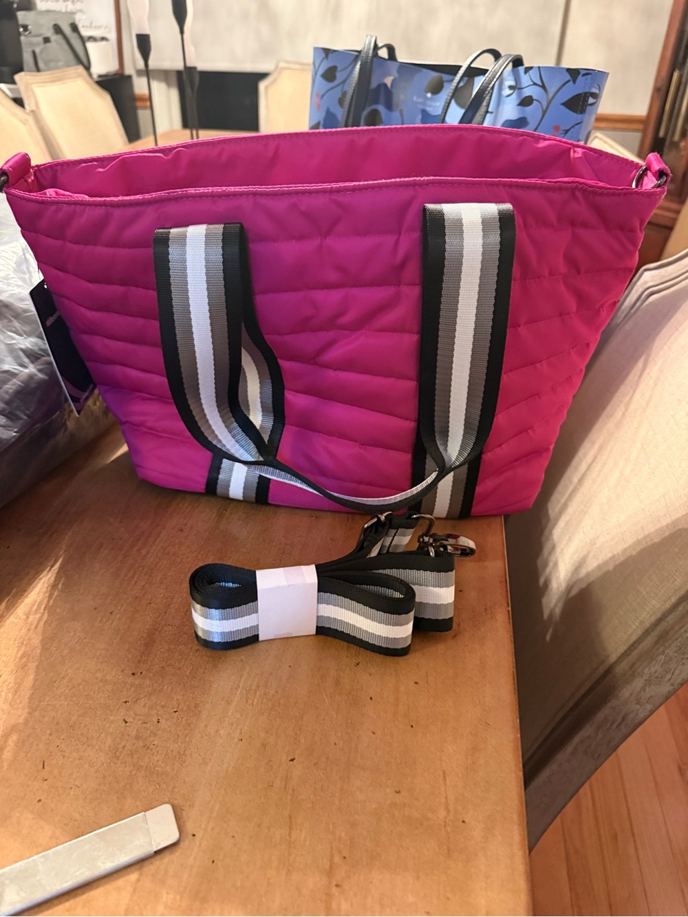 Think Royln Quilted Fuchsia Tote Bag with Striped Handles